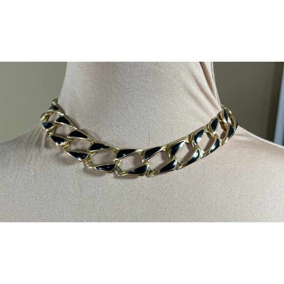 Napier Link Chain Necklace Gold Tone Black Chunky Choker VTG - Picture 1 of 4